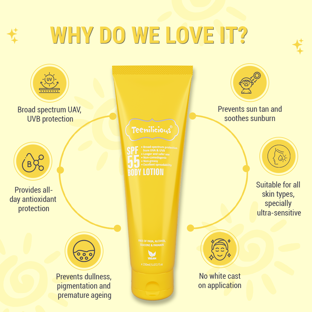 Teenilicious SPF 55 Sunscreen Body Lotion, SPF 50 PA+++, Sunscreen for Oily Skin and Sensitive Skin