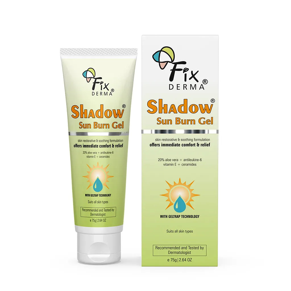 Tube of Fixderma Shadow Sun Burn Gel next to its box